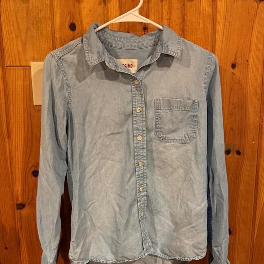 Blue denim style button up shirt